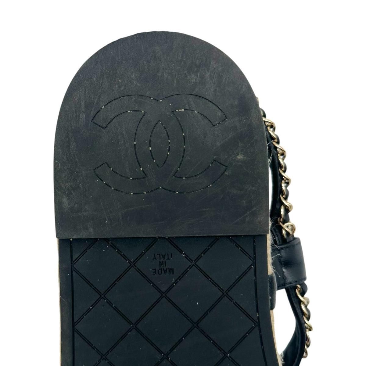 Chanel Black Leather & Jute Gold Chain Thong Flat Sandals