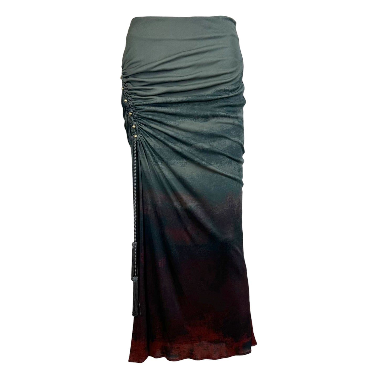 Roberto Cavalli Gray & Burgundy Gradient Print Ruched Side Maxi Skirt NEW