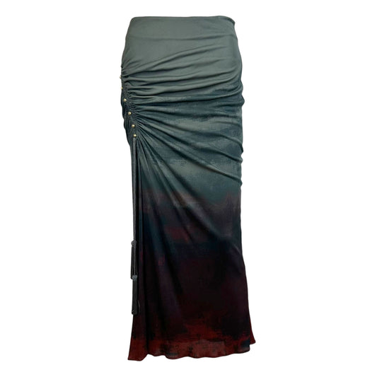 Roberto Cavalli Gray & Burgundy Gradient Print Ruched Side Maxi Skirt NEW