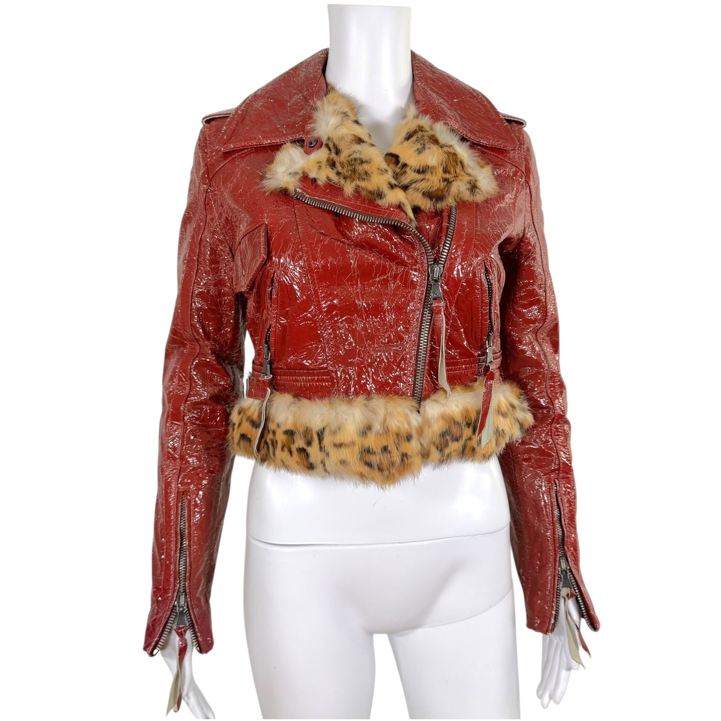 D&G Dolce & Gabbana Red Distressed Patent Leopard Rabbit Fur Lined Crop Moto Jacket