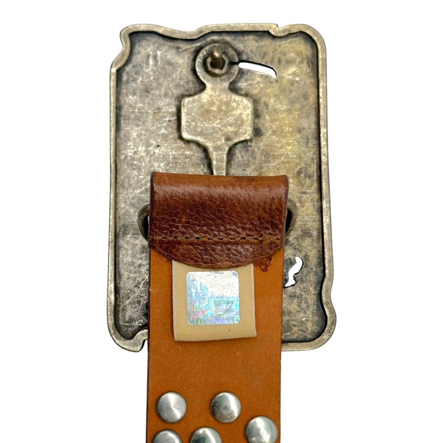 Galliano Brown Leather & Silver Studded XL Logo Buckle Belt