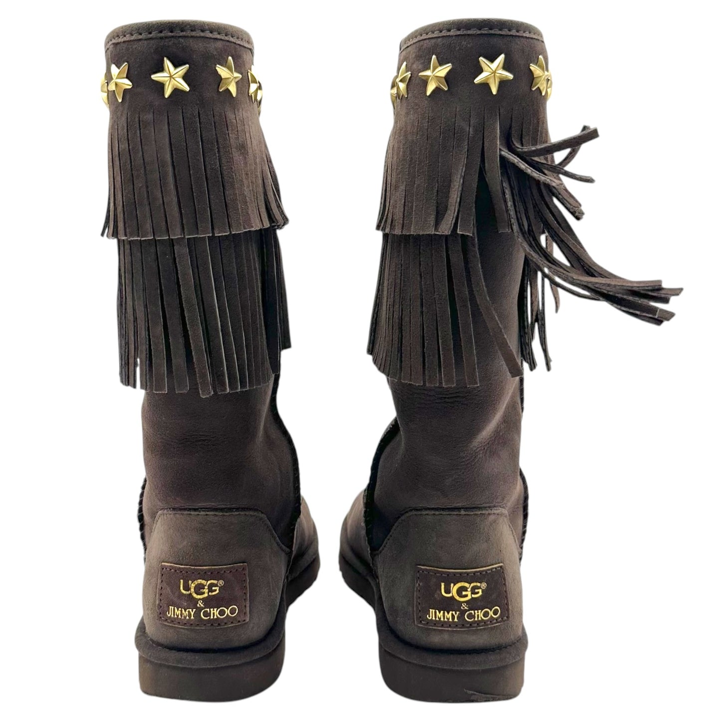Jimmy Choo x UGG Brown & Gold Studded Fringe Shearling Boots