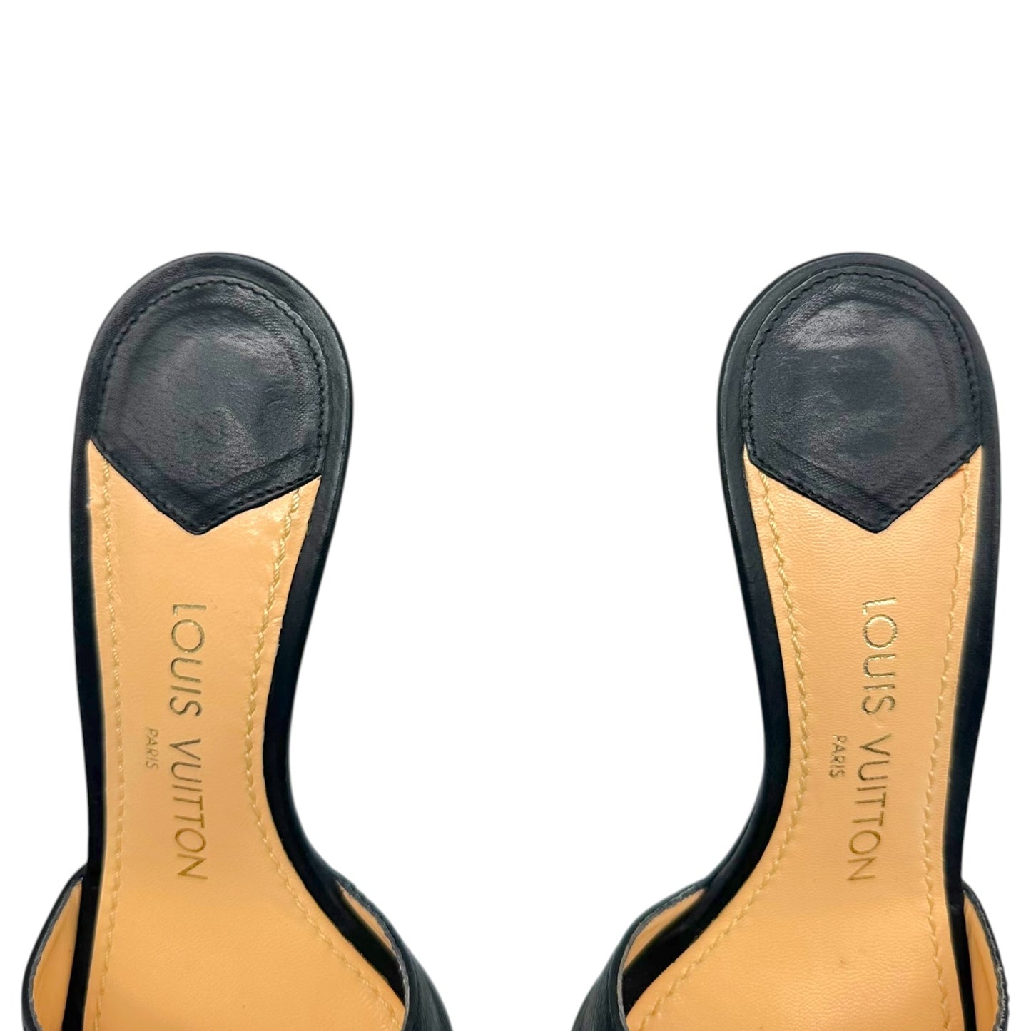 Louis Vuitton Black Leather Gold Logo Charm Kitten Heel Mules