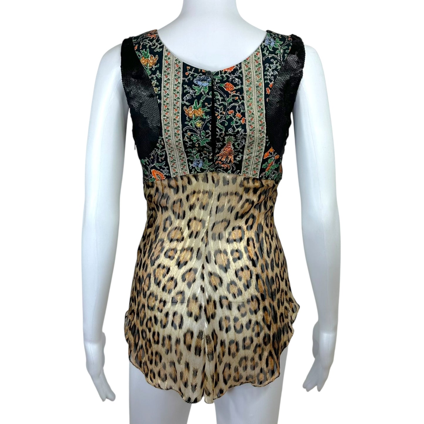 Roberto Cavalli Leopard Print Silk Floral & Sequin Sleeveless Blouse Top