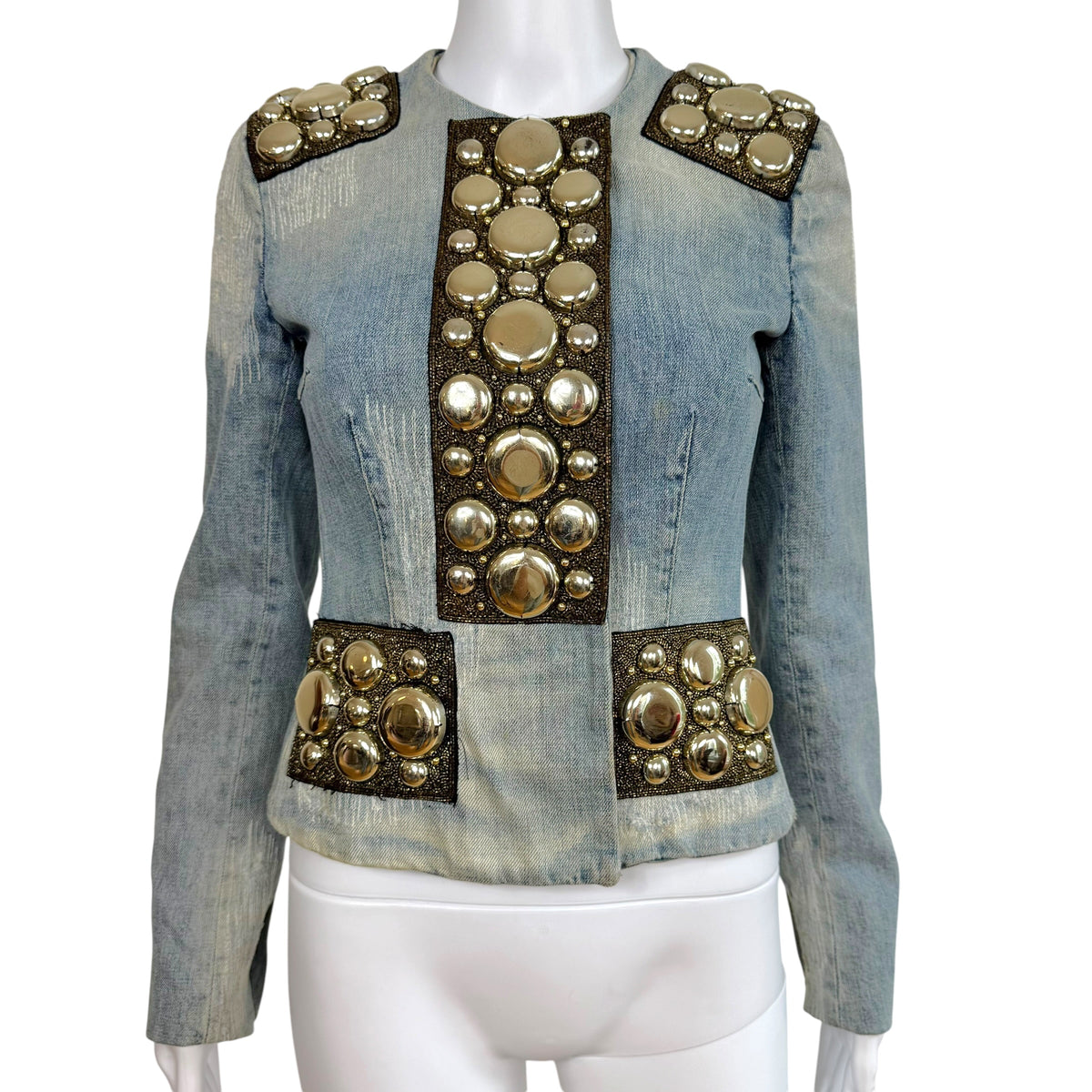 Dolce & Gabbana Silver Beaded Distressed Denim Jacket