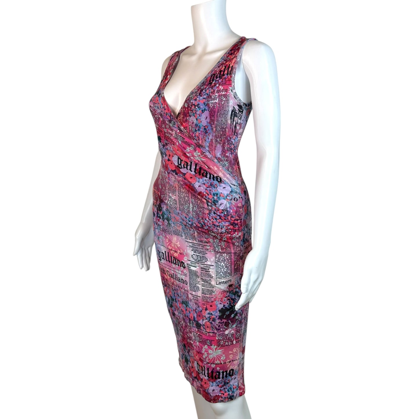 Galliano Cross Front Midi Dress Newsprint Floral Print