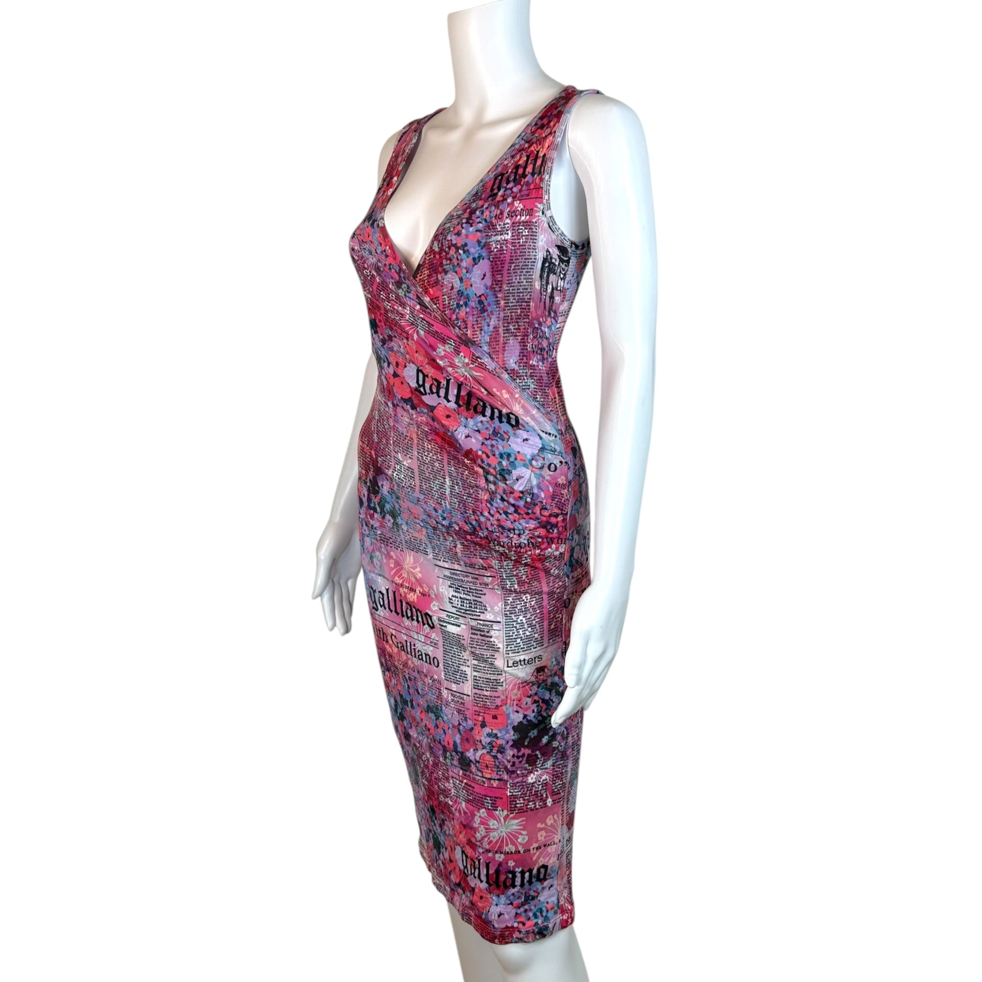 Galliano Cross Front Midi Dress Newsprint Floral Print