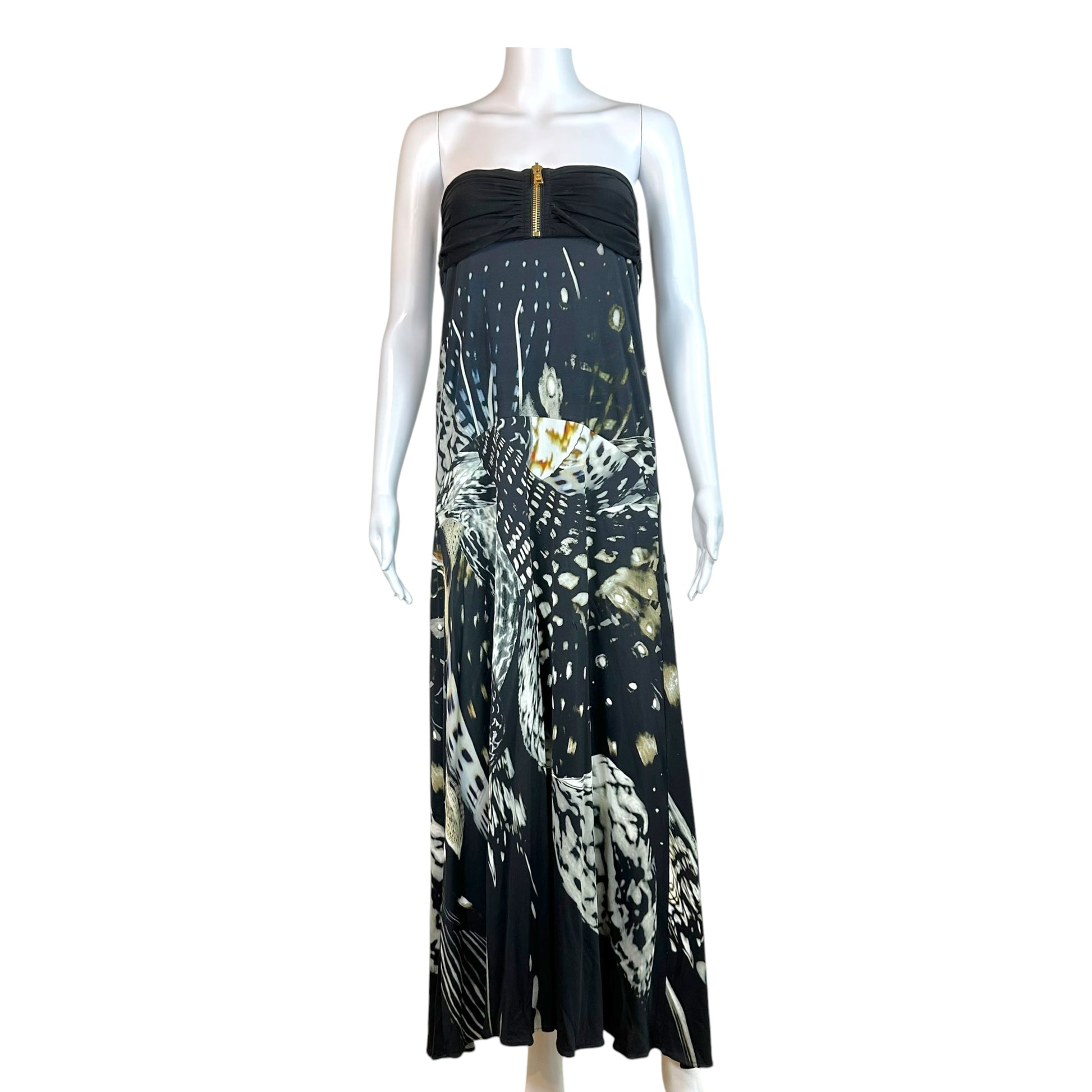 Roberto Cavalli Strapless Maxi Dress Black Ivory Feather Print