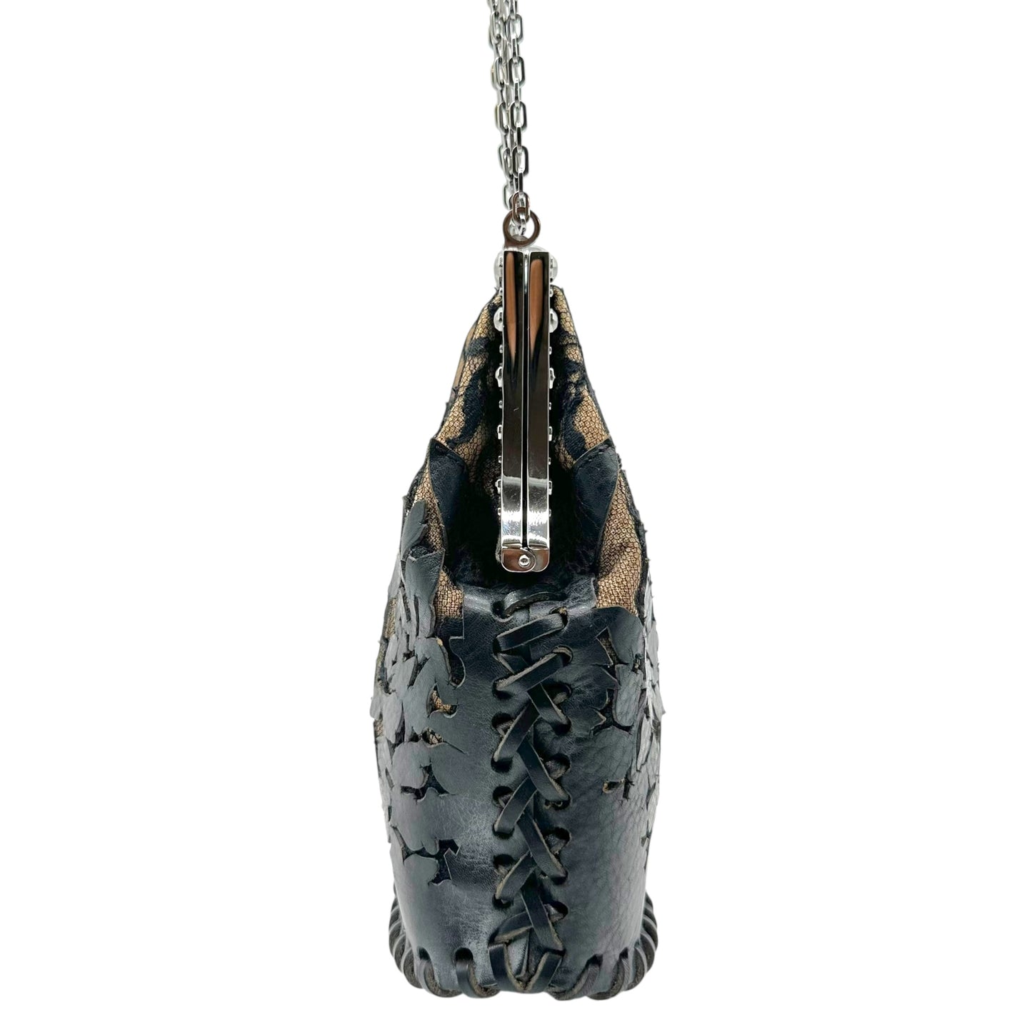 Valentino Garavani Black Lace Leather Applique Evening Bag