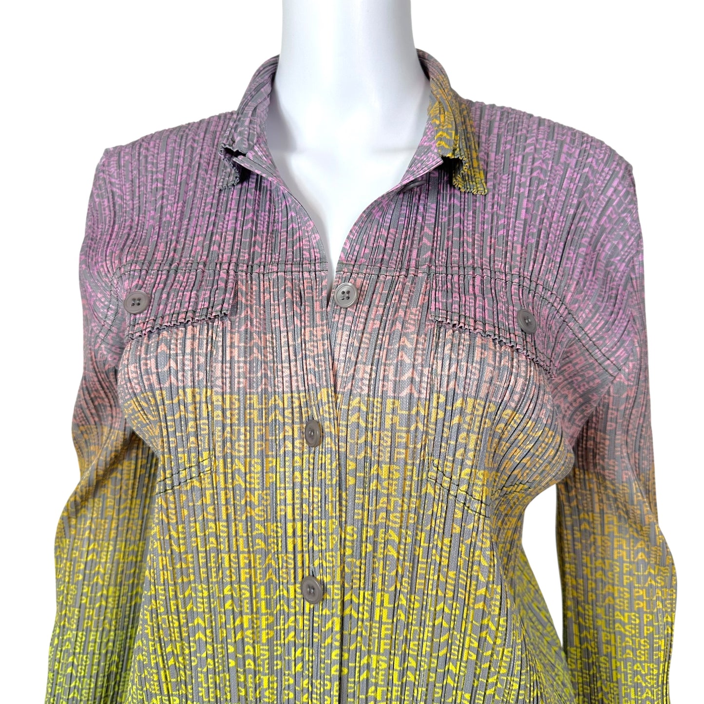 Issey Miyake Pleats Please Purple-Green Ombre Logo Print Button Up Jacket