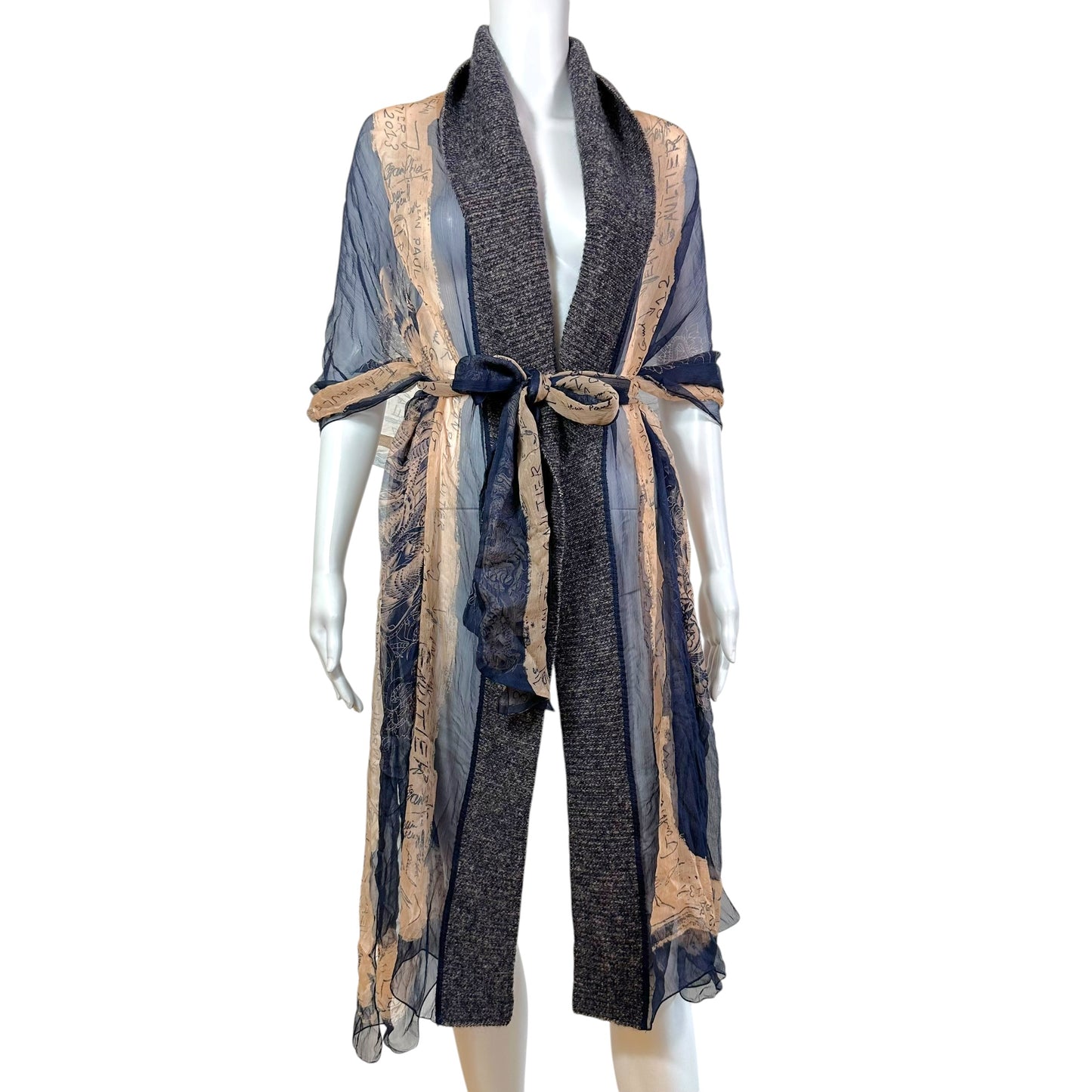Jean Paul Gaultier Tattoo Print Sheer Silk & Knit Wrap Shawl