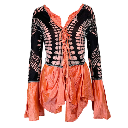Jean Paul Gaultier Coral Silk & Black Sheer Overlay Tie Front Blouse