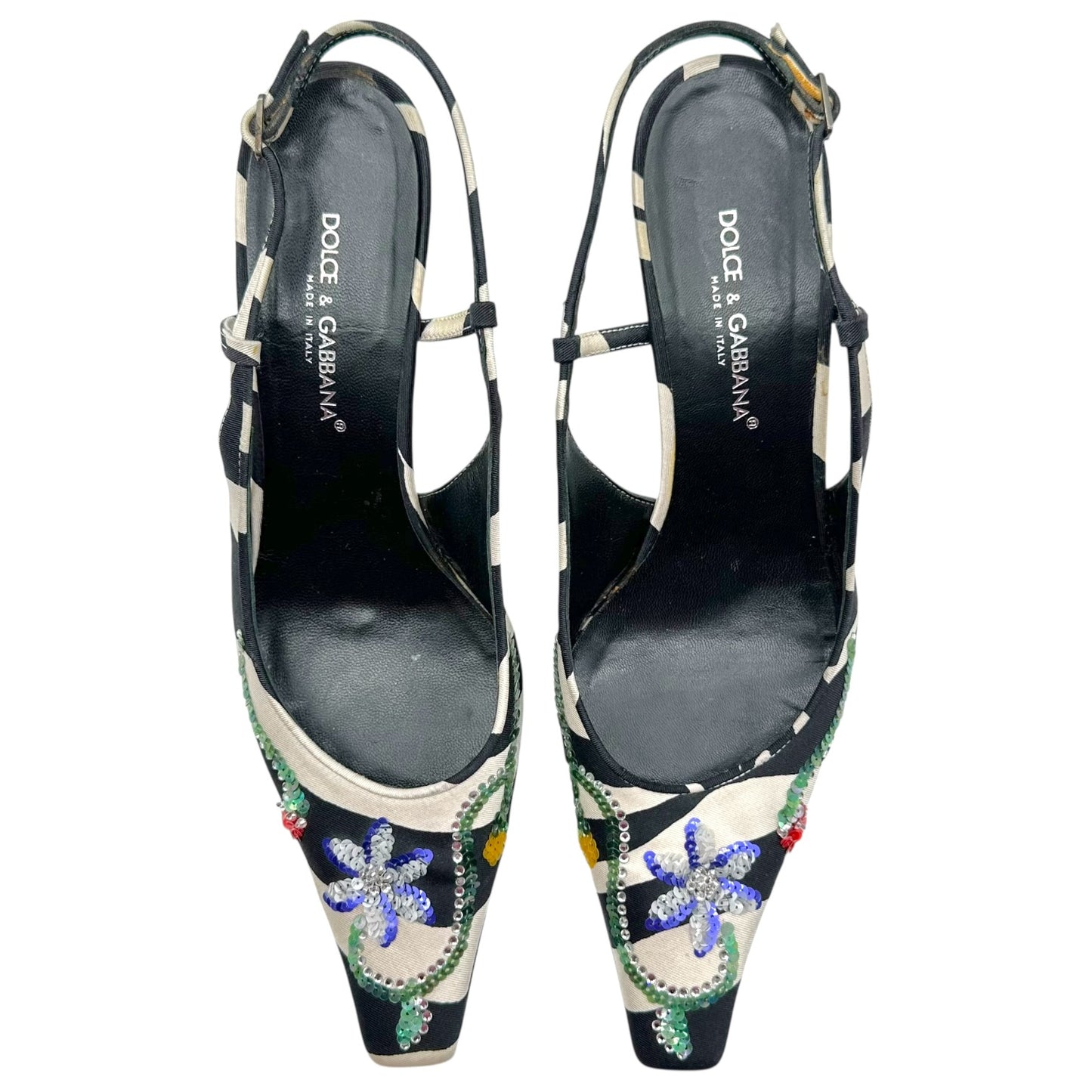 Dolce & Gabbana Zebra Print Silk & Sequin Slingback Kitten Heels