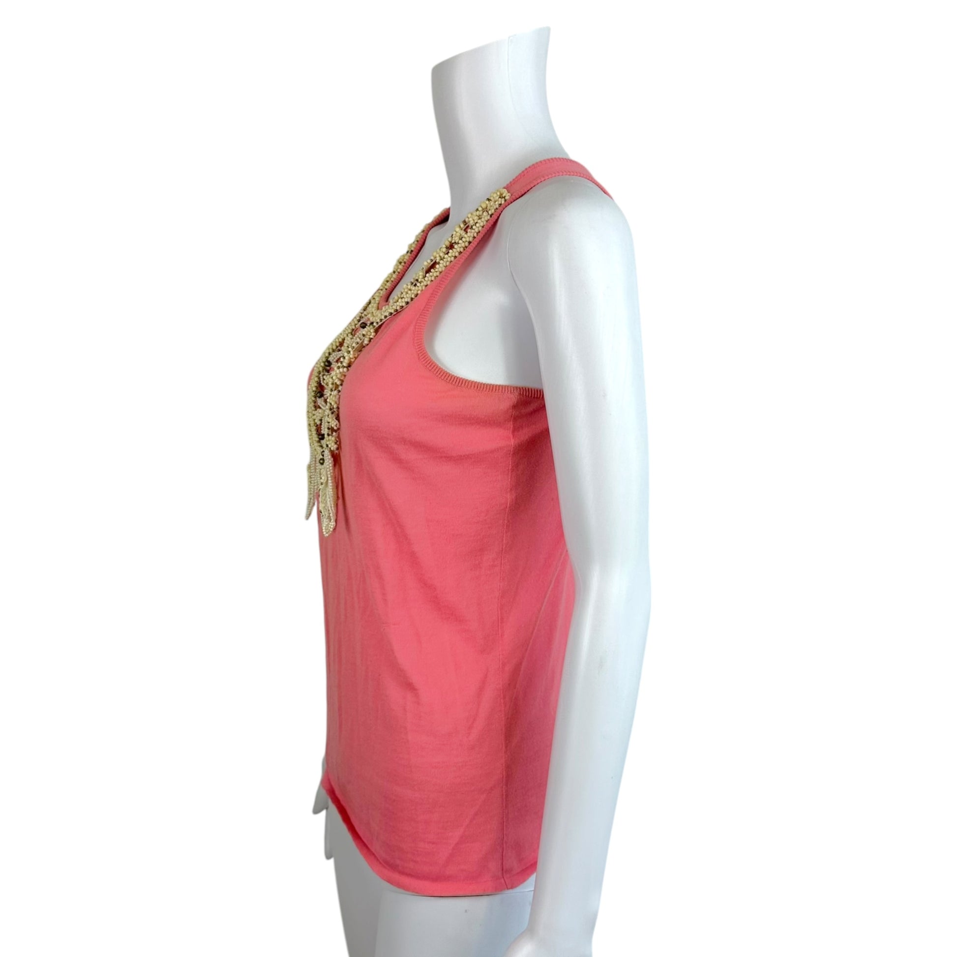 Chloe Tank Top Pink Ivory Beaded Neckline Sleeveless