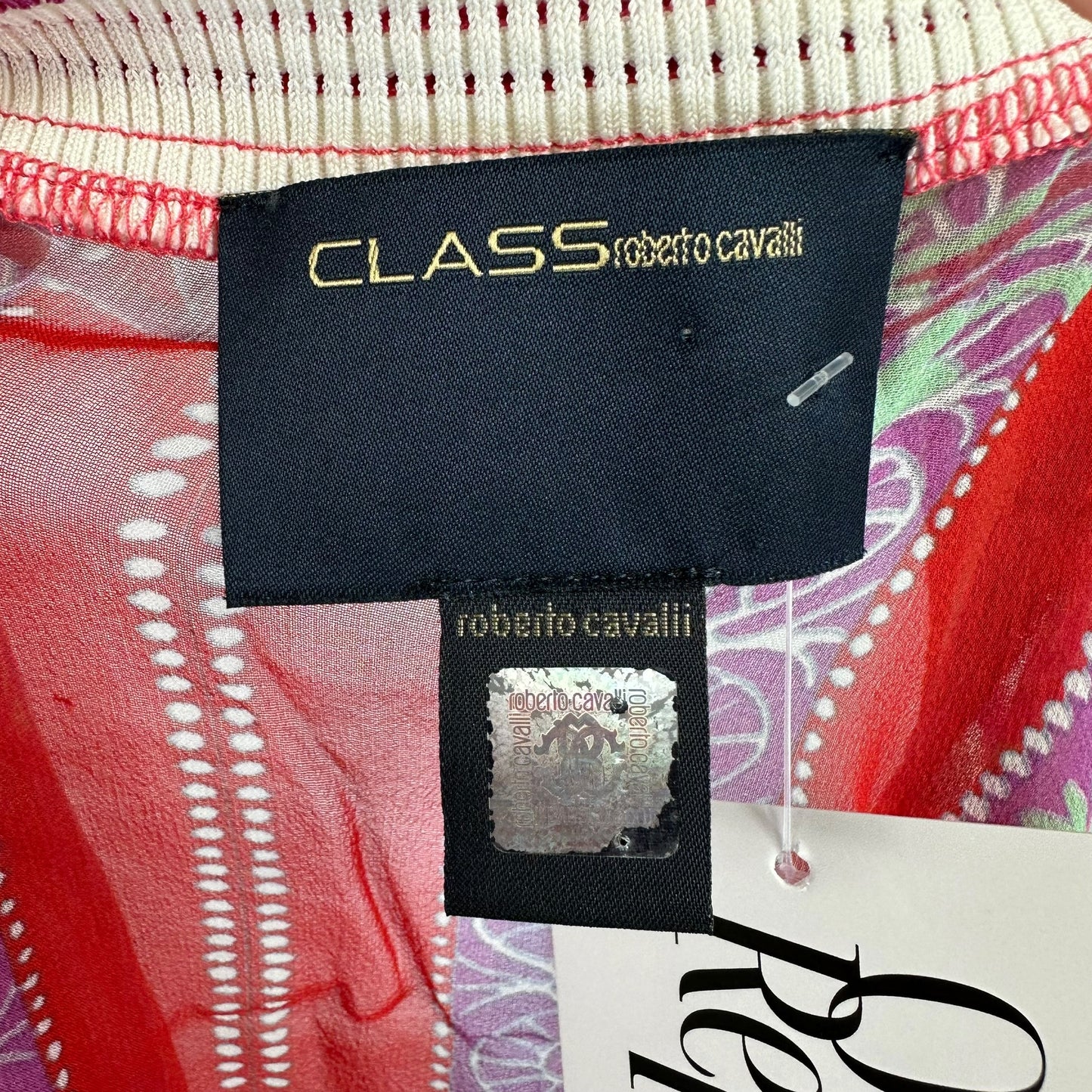 Roberto Cavalli Class White & Red Floral Print Sheer Silk Wide Sleeve Blouse