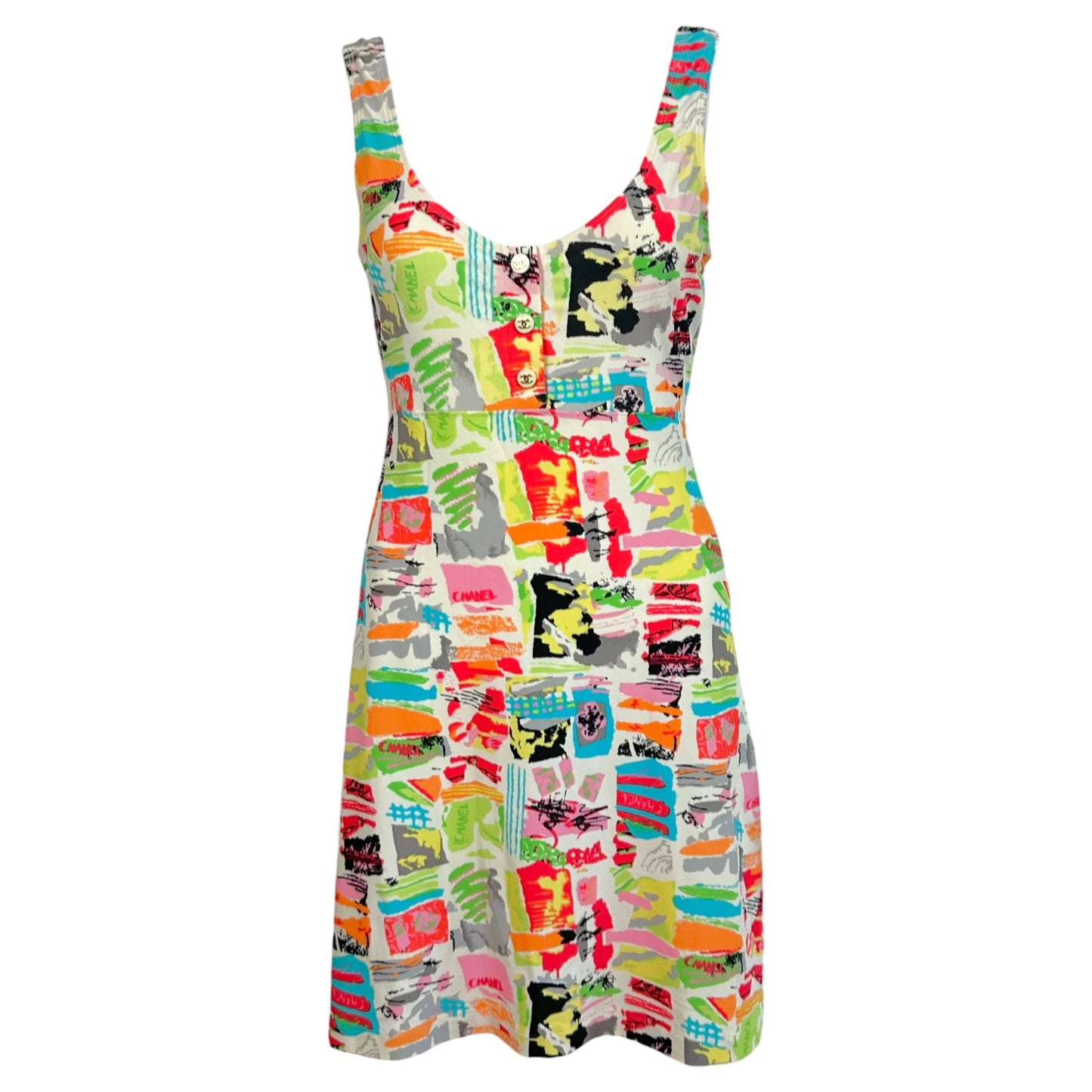 Chanel Cruise 1997 Multicolor Watercolor Logo Graffiti Print Mini Dress