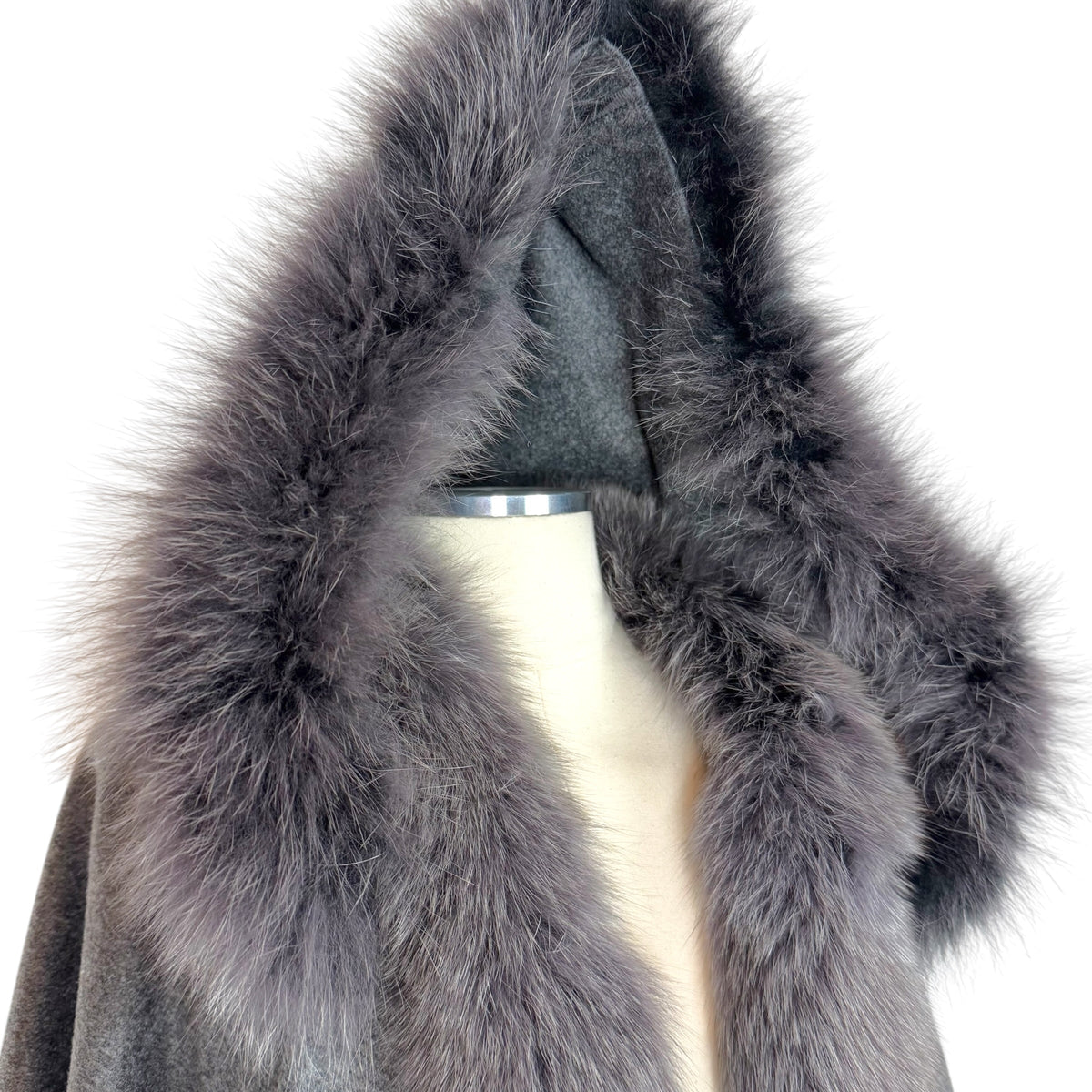 Balmain Gray Wool Fox Fur Cape