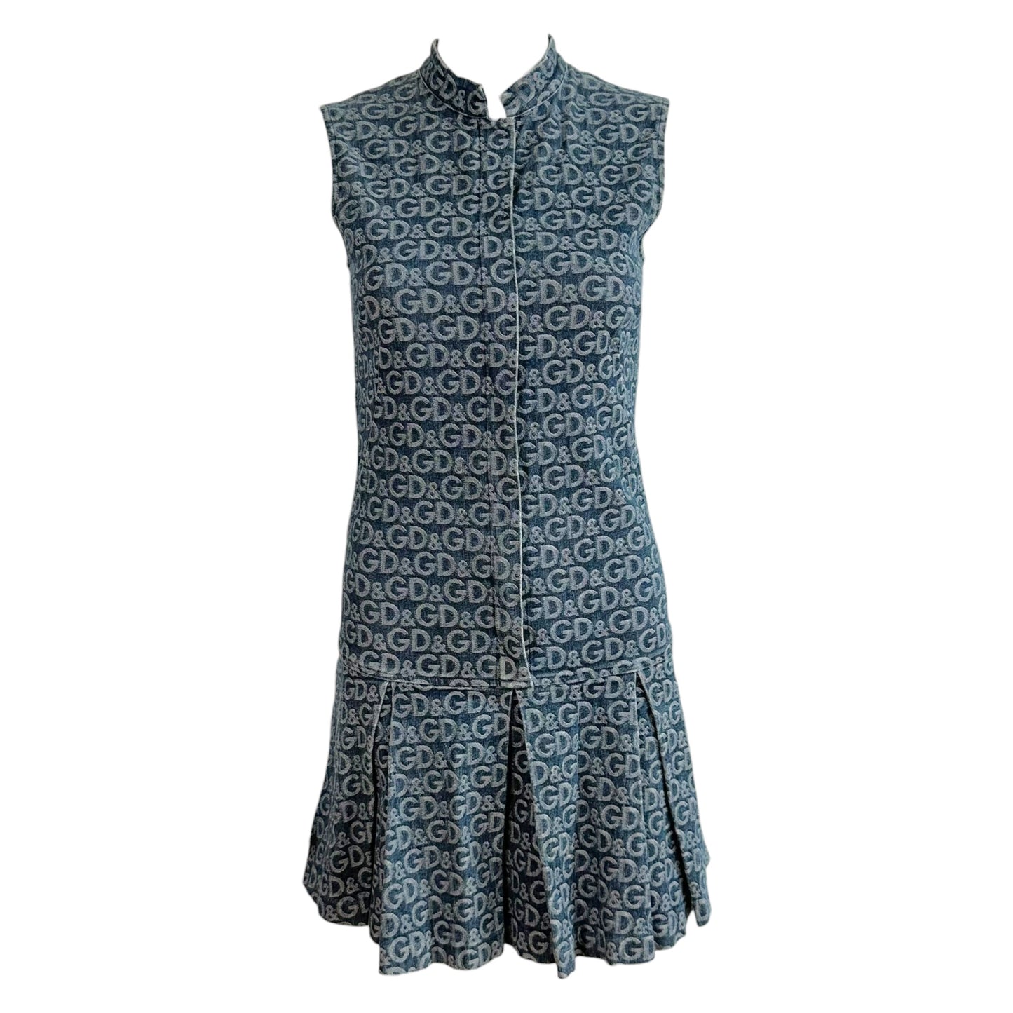 D&G Pleated Denim Mini Dress All-Over Logo Pattern