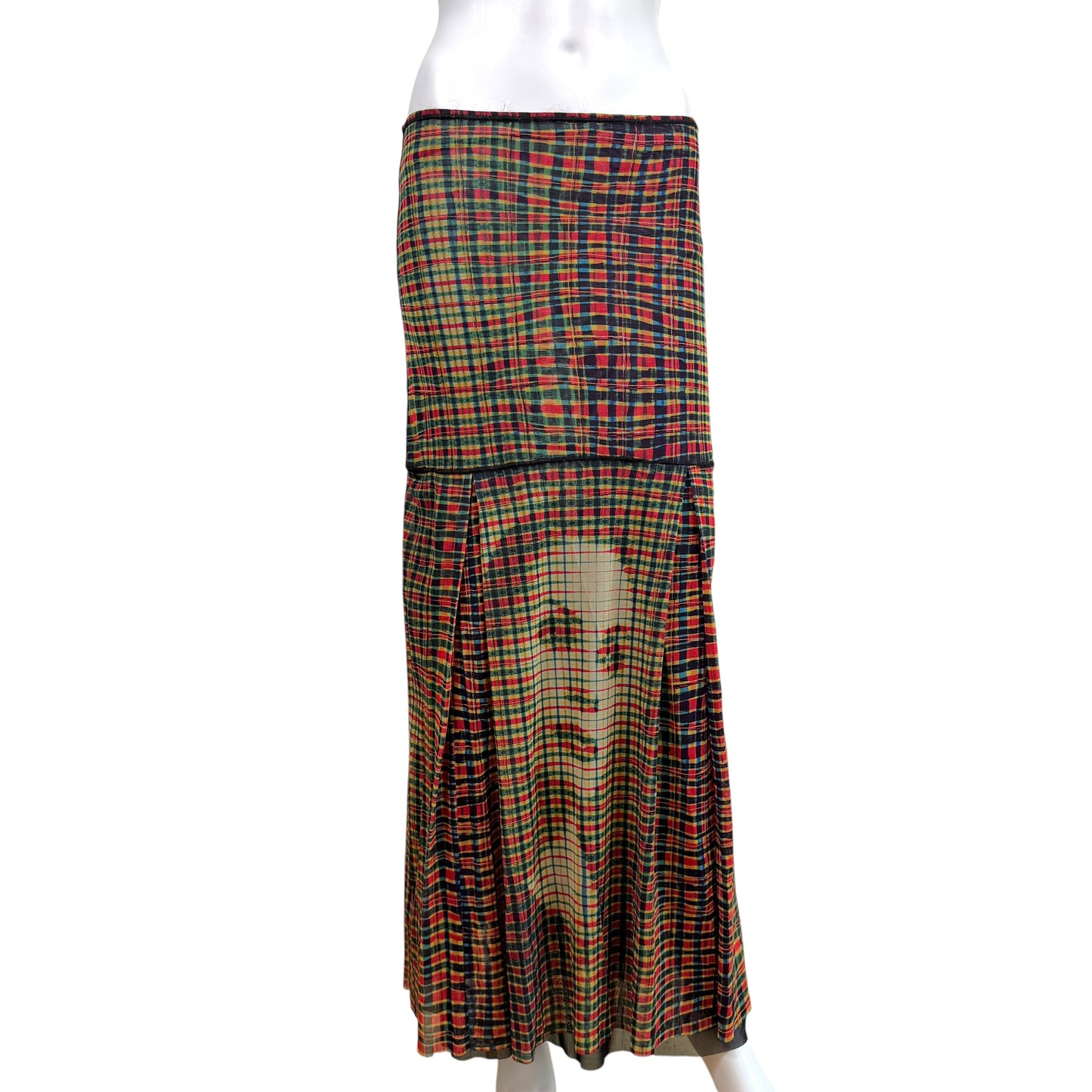 Jean Paul Gaultier Multicolor Plaid Face Print Mesh Maxi Skirt
