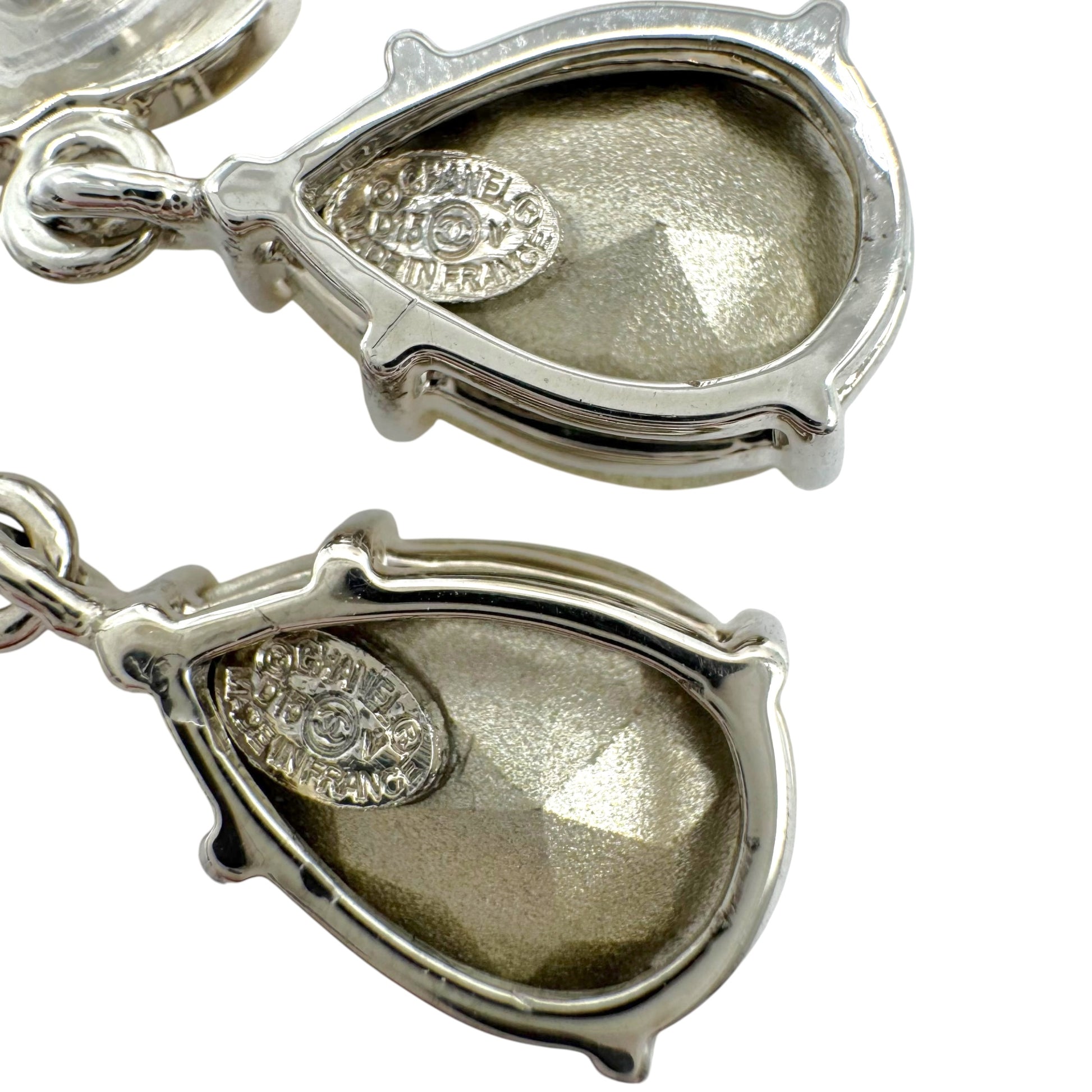 Chanel Teardrop Earrings Silver Yellow Crystal CC Logo