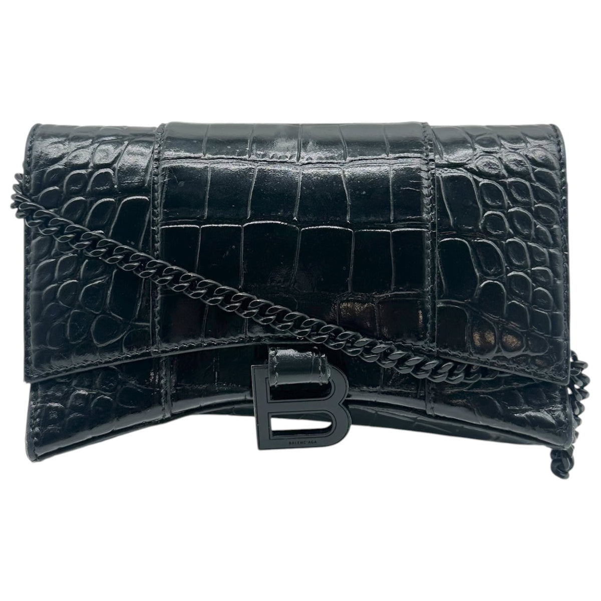 Balenciaga Black Croc Embossed Leather Hourglass Chain Strap Crosbody Bag