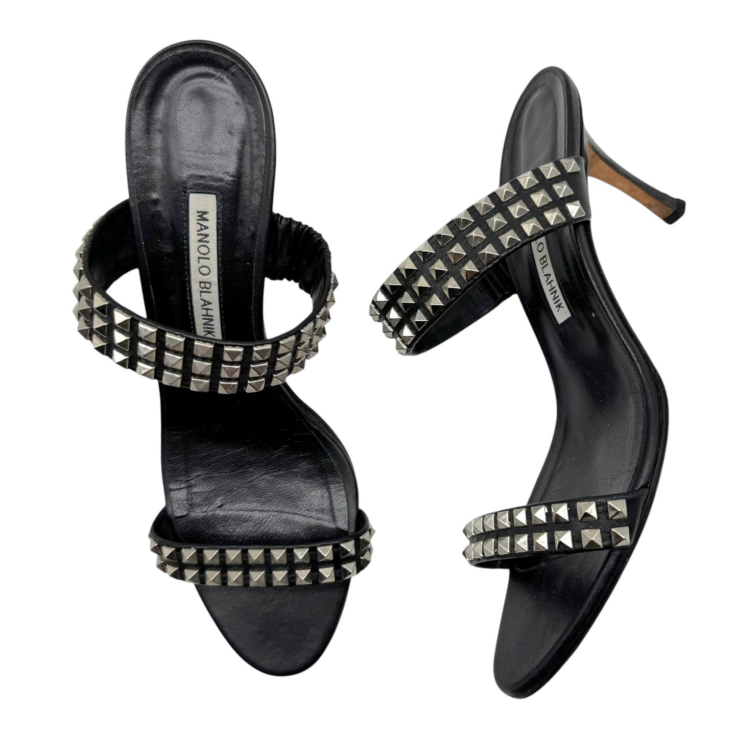 Manolo Blahnik Black & Silver Pyramid Stud Heeled Sandals