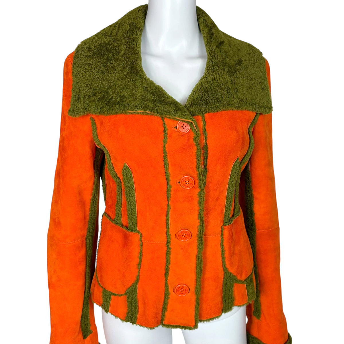 Etro Shearling Jacket Orange Khaki Green Button-Up