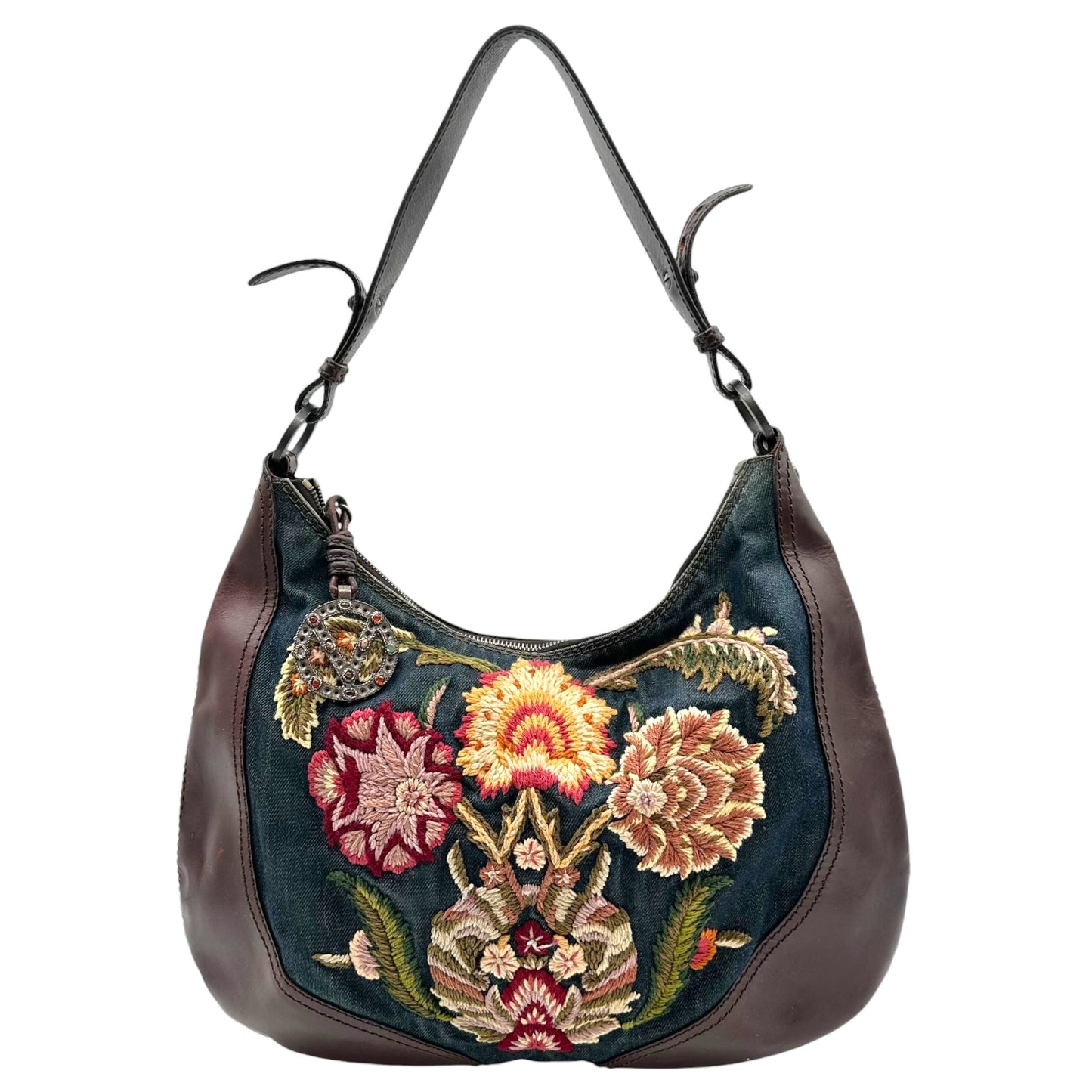 Valentino Garavani Denim & Leather Floral Embroidered Hobo Bag