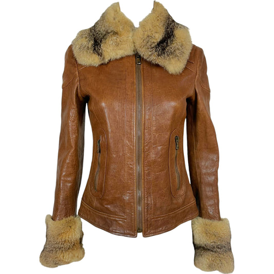 Dolce & Gabbana Brown Leather Fox Fur Trim Coat