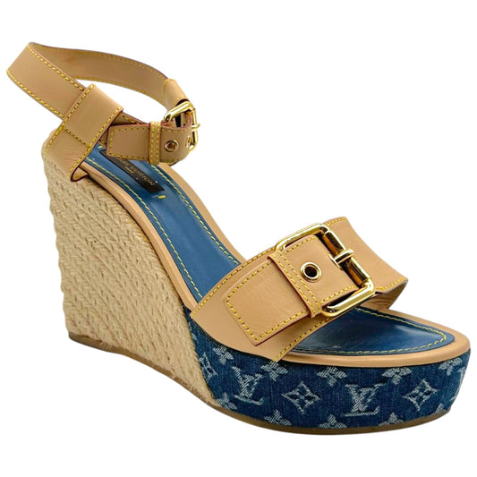 Louis Vuitton Denim Monogram & Raffia Heeled Wedge Sandals