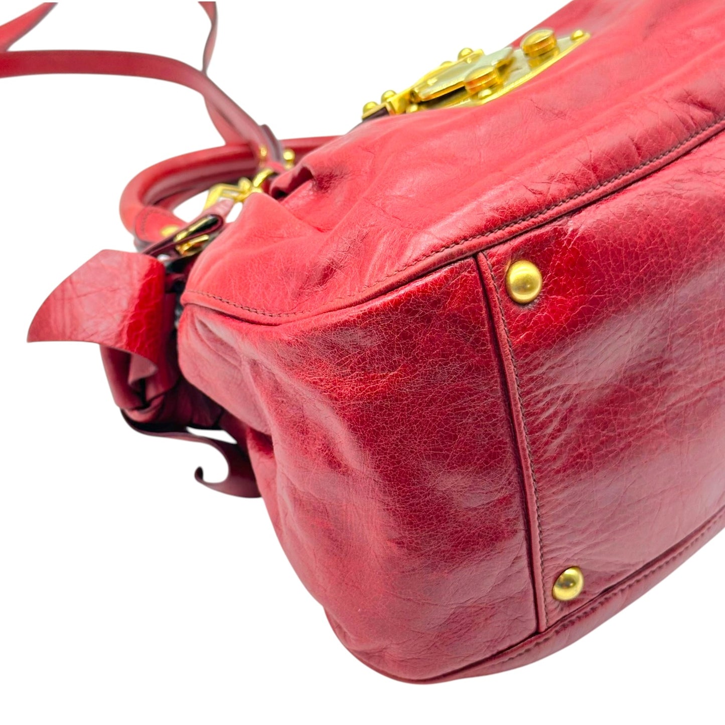 Miu Miu Red & Gold Bow Embellished 2-Way Small Bowler Bag