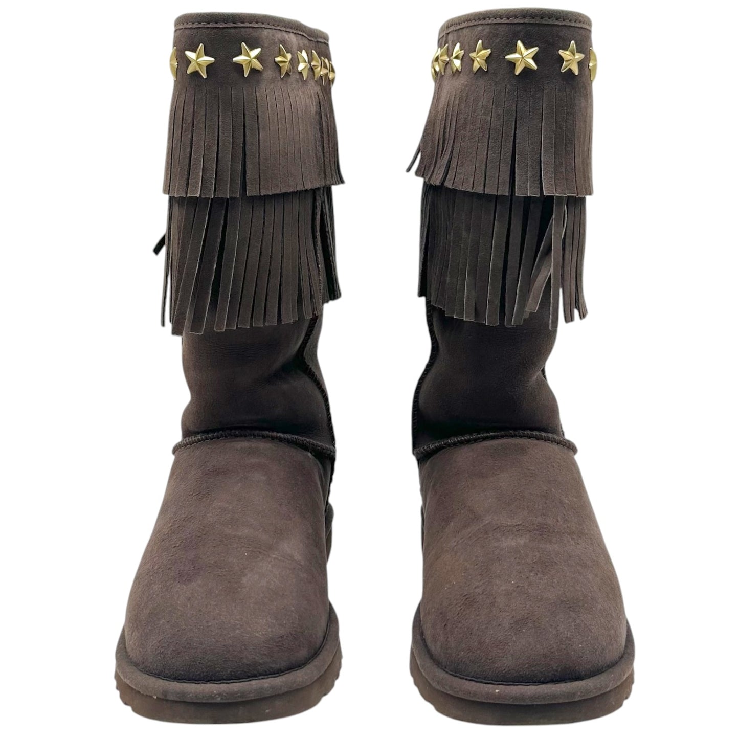 Jimmy Choo x UGG Brown & Gold Studded Fringe Shearling Boots