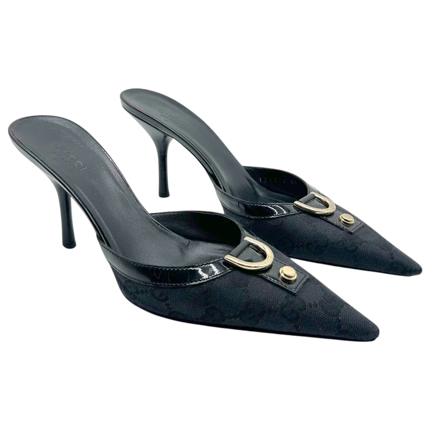 Gucci Black Monogram Pointed Toe Mule Heels