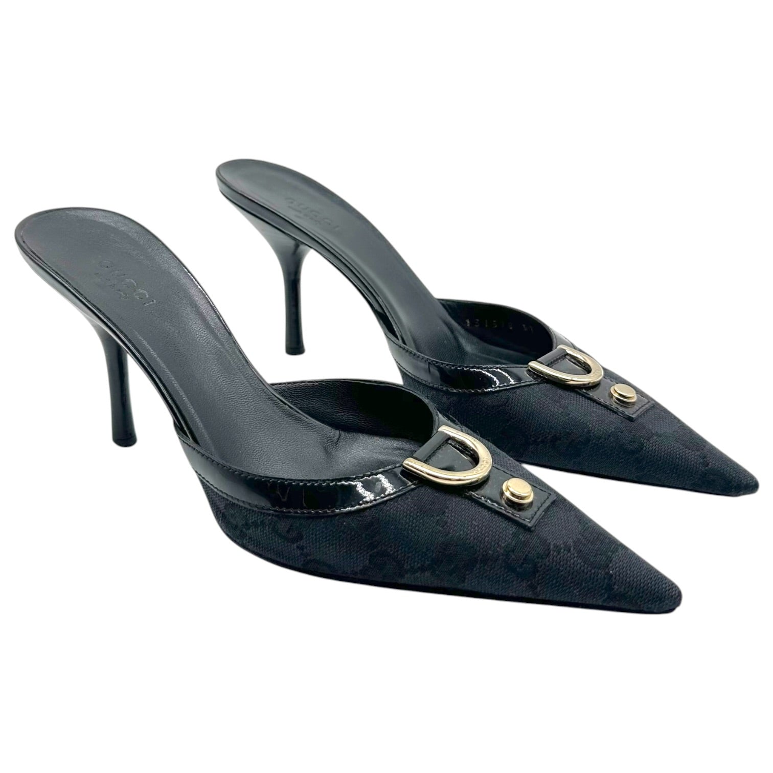 Gucci Black Monogram Pointed Toe Mule Heels