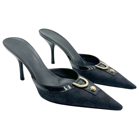 Gucci Black Monogram Pointed Toe Mule Heels