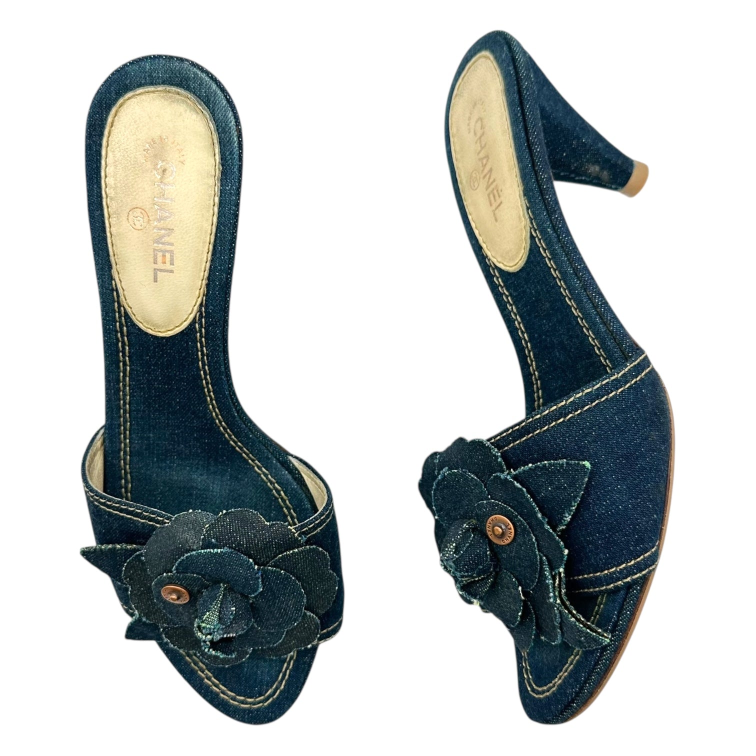 Chanel Denim Camellia Flower Mule Heels - Outfit Repeater