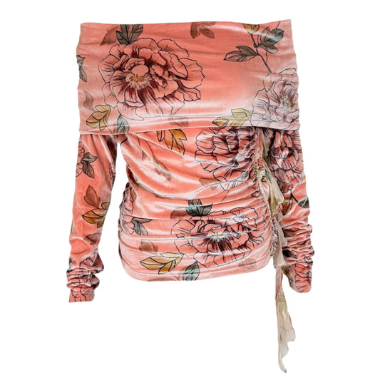 D&G Dolce & Gabbana Pink Floral Print Velvet Off the Shoulder Top