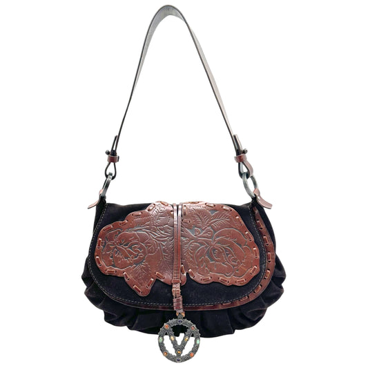 Valentino Garavani Brown Suede & Floral Embossed Leather Shoulder Bag