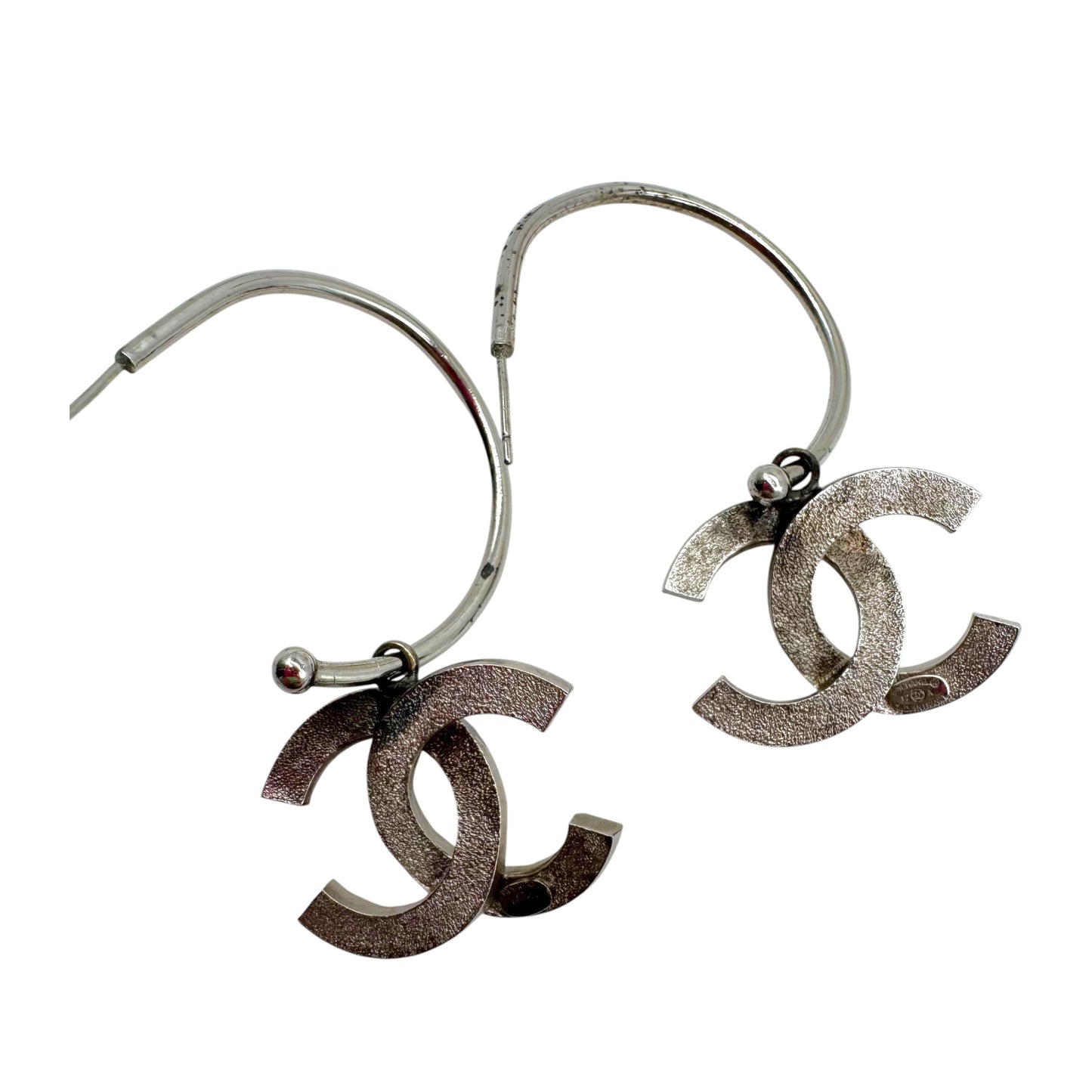 Chanel Silver Pyramid Stud CC Logo Hoop Earrings