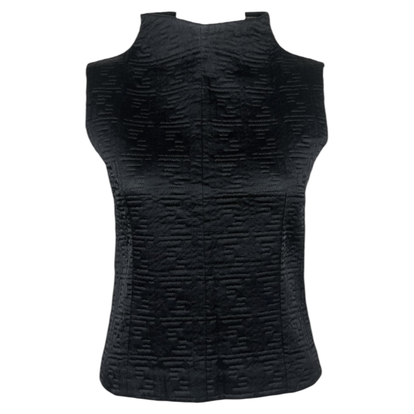 Fendi Black Zucchino Monogram Embroidered Silk Mock-Neck Top