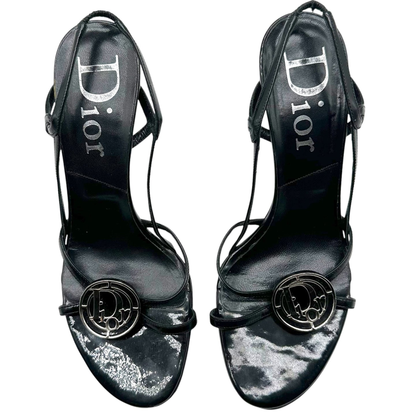 Christian Dior Black Strappy Logo Charm Sandal Heels