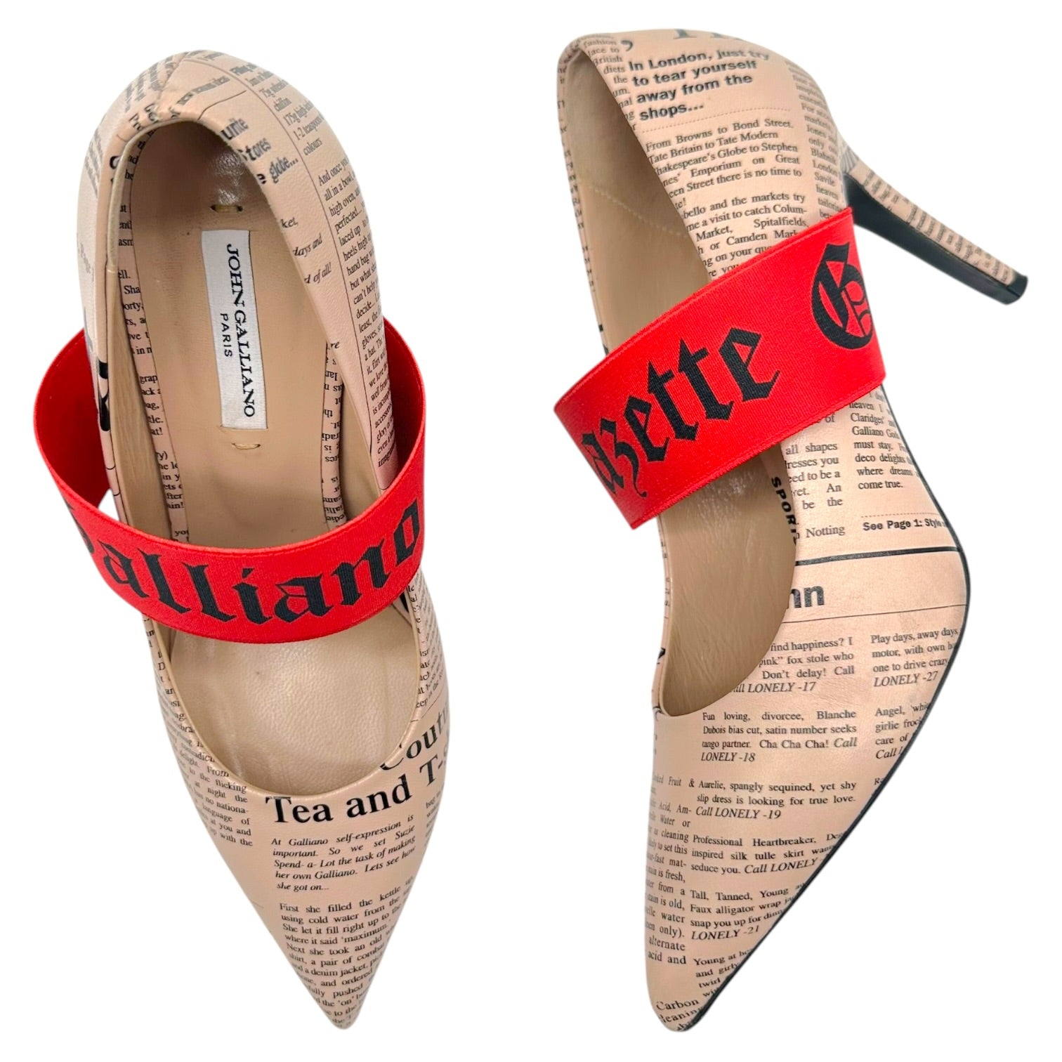 John Galliano Pointed Toe Heels Nude Newsprint Red Straps