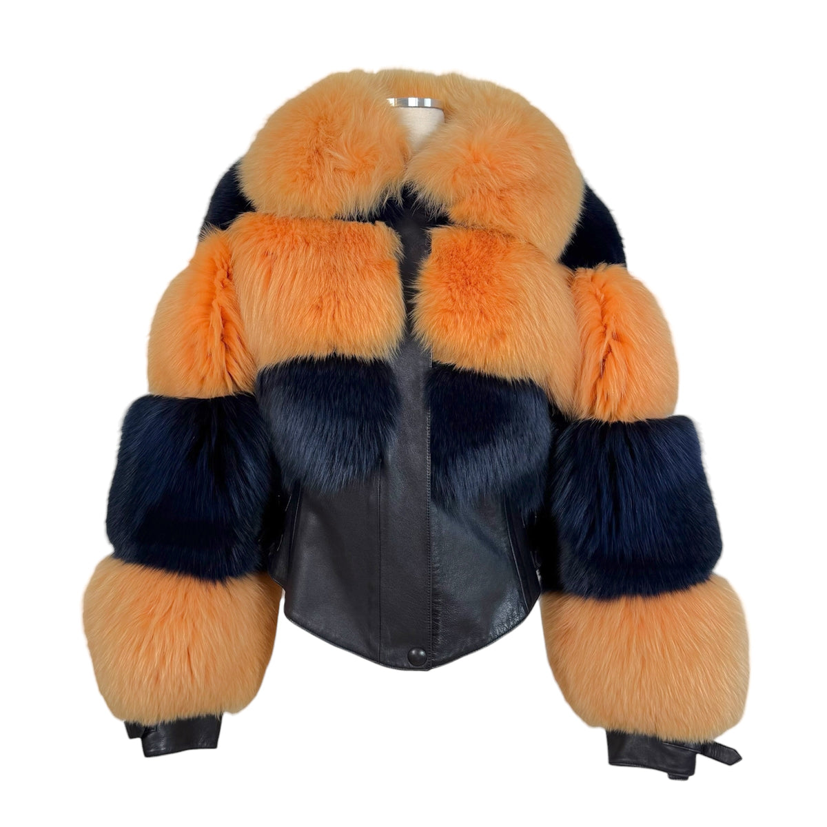 Alexandre Paris Cropped Coat Orange Blue Striped Fox Fur