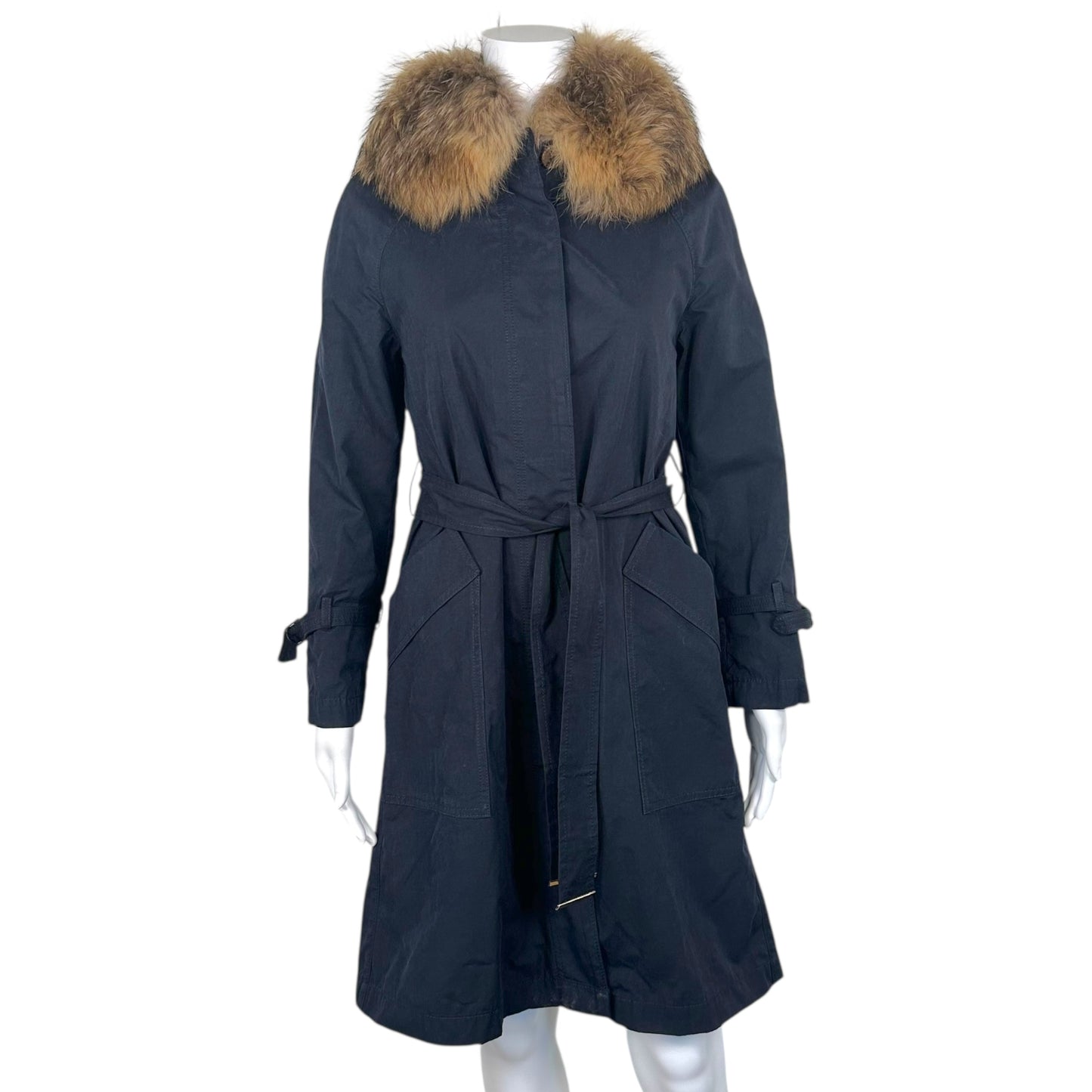 Fendi Navy Blue Fur Collar Trench Coat w/ Lining