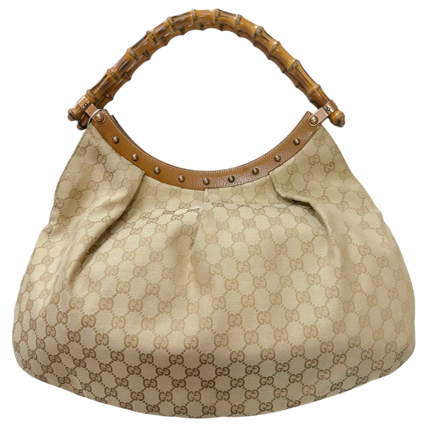 Gucci Tan Monogram Studded Bamboo Handle Shoulder Bag