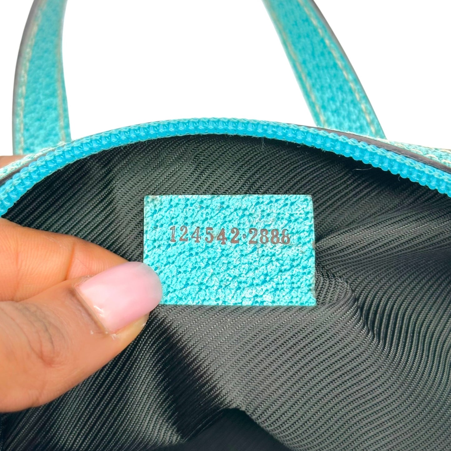 Gucci Tan Monogram & Turquoise Top Handle Pochette Bag