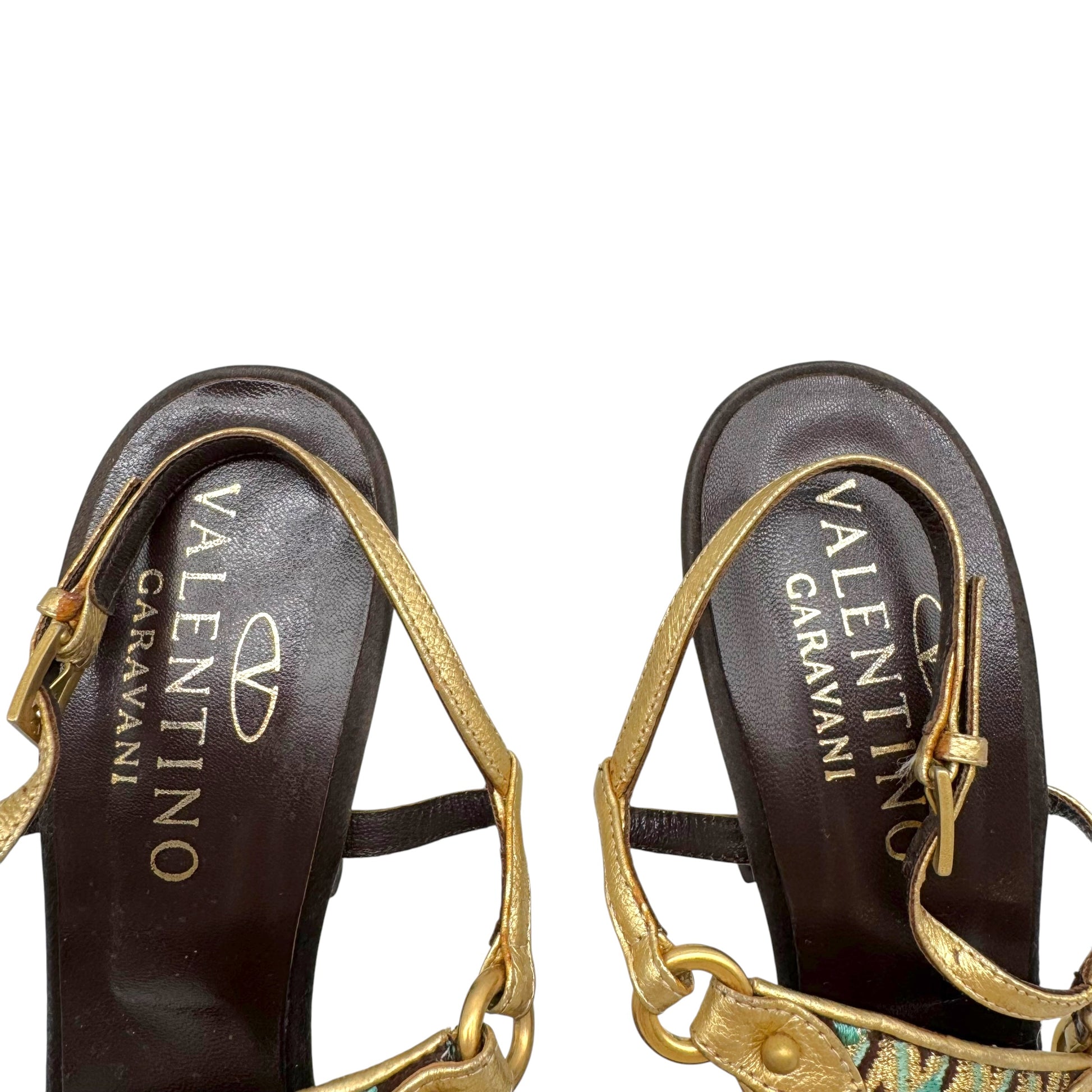 Valentino Garvani Turquoise Gold Embroidered Sandal Heels