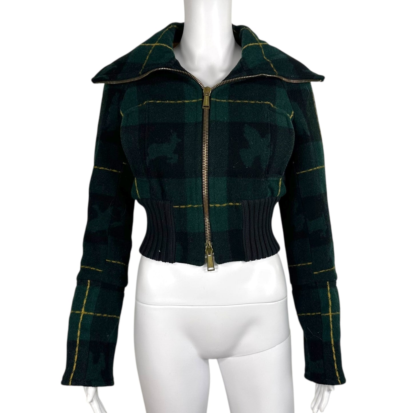 Dsquared2 Green Tartan Plaid Cropped Oversize Collar Bomber Jacket