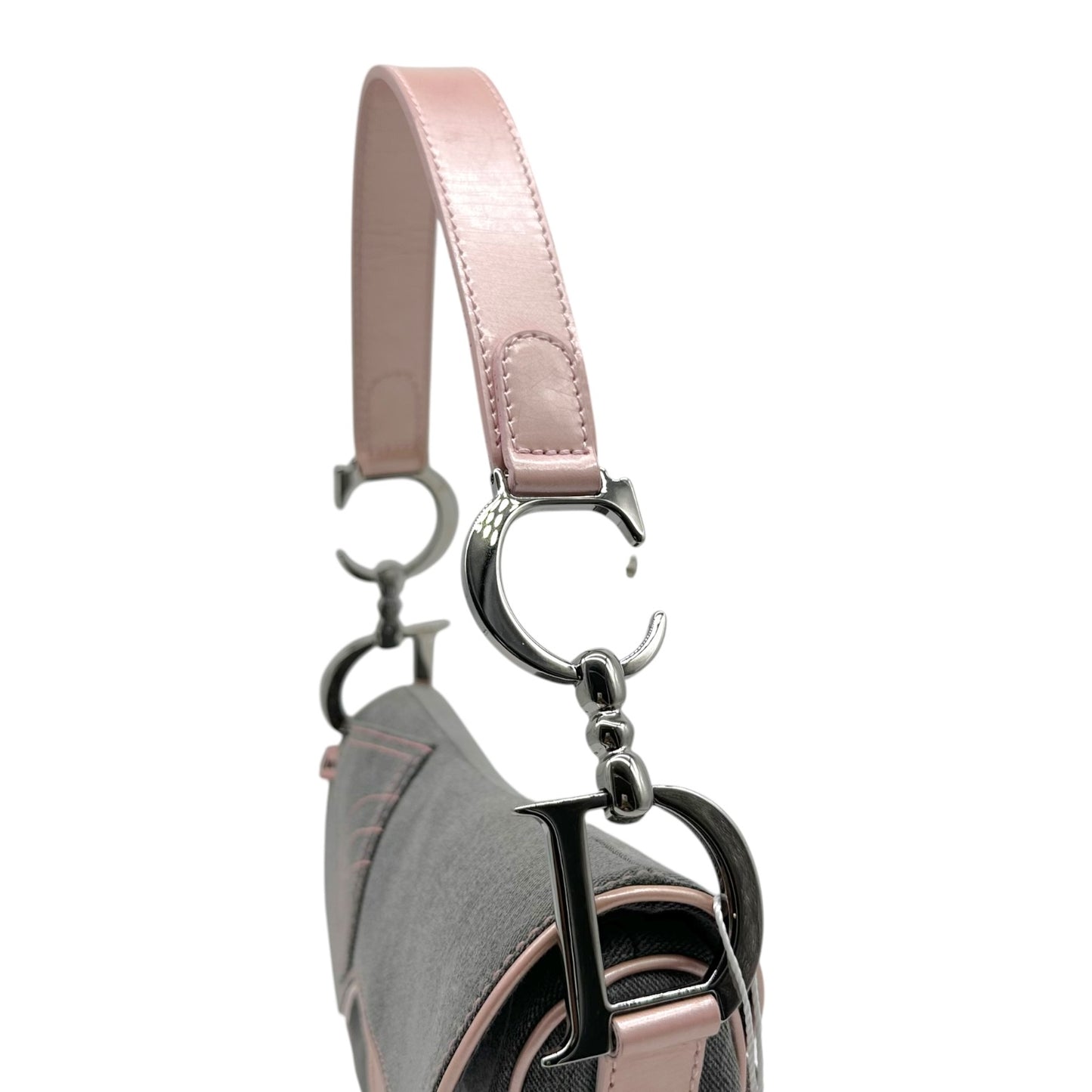 Christian Dior Saddle Shoulder Bag Gray Denim Pink Leather