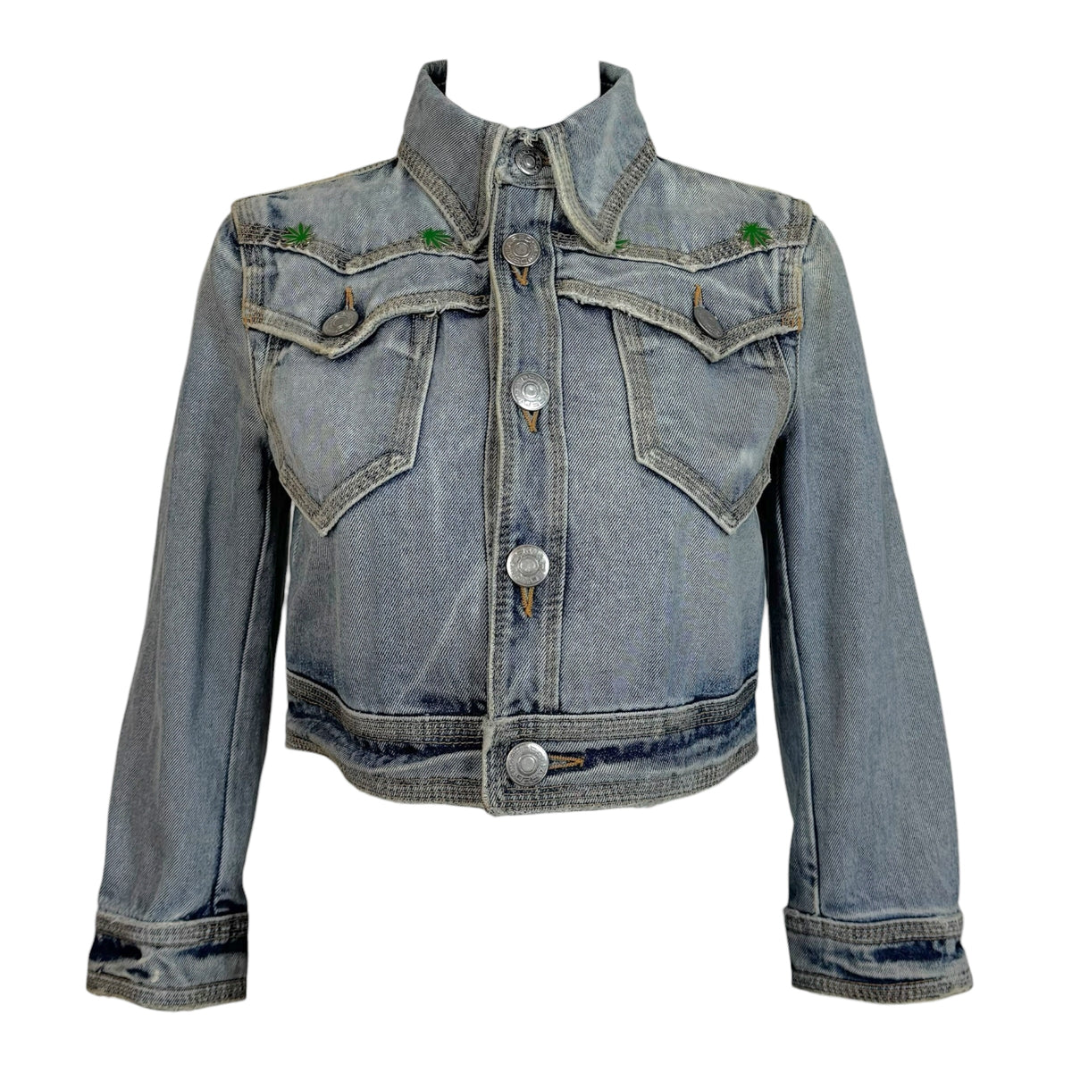 Dsquared2 Marijuana Charm Distressed Denim 3/4 Sleeve Crop Jacket